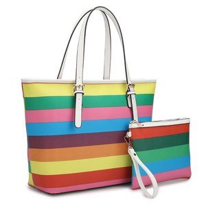 Dasein Large Multicolor Classic Striped Tote with Free Matching Accessor…